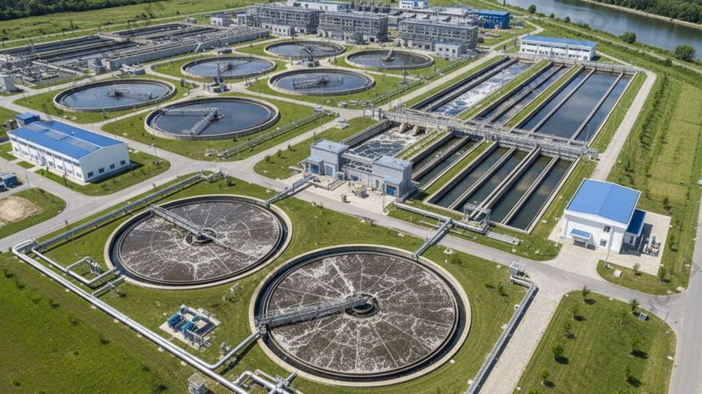 Aerial view of a sewage treatment plant with circular and rectangular tanks for wastewater processing, surrounded by green land and buildings.