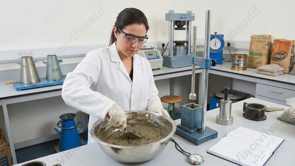 A laboratory technician wearing safety goggles and gloves mixes cement paste in a large bowl, with a Vicat apparatus and various testing equipment visible in the background.