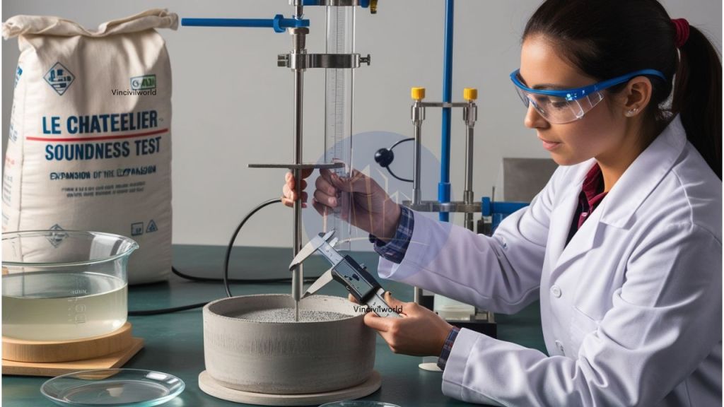 A laboratory technician conducts a soundness test on cement using the Le Chatelier apparatus, with a focus on measuring expansion. In the background, a bag labeled 'LE CHATELIER SOUNDNESS TEST' and various lab equipment are visible.