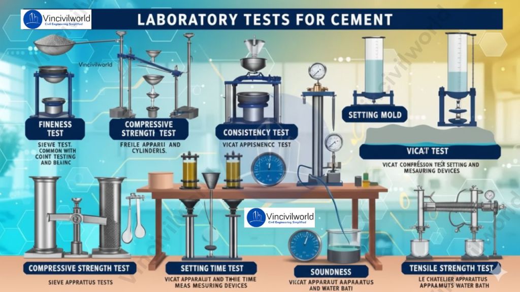 Infographic illustrating various laboratory tests for cement, including Fineness Test, Compressive Strength Test, Consistency Test, Setting Mold, Vicat Test, Soundness Test, and Tensile Strength Test, with labeled apparatus and descriptions.