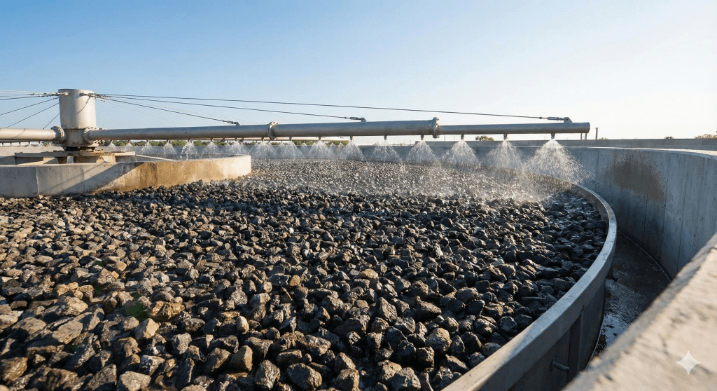 A trickling filter system for wastewater treatment showing a circular tank filled with rocks, with a spray mechanism distributing water over the surface.