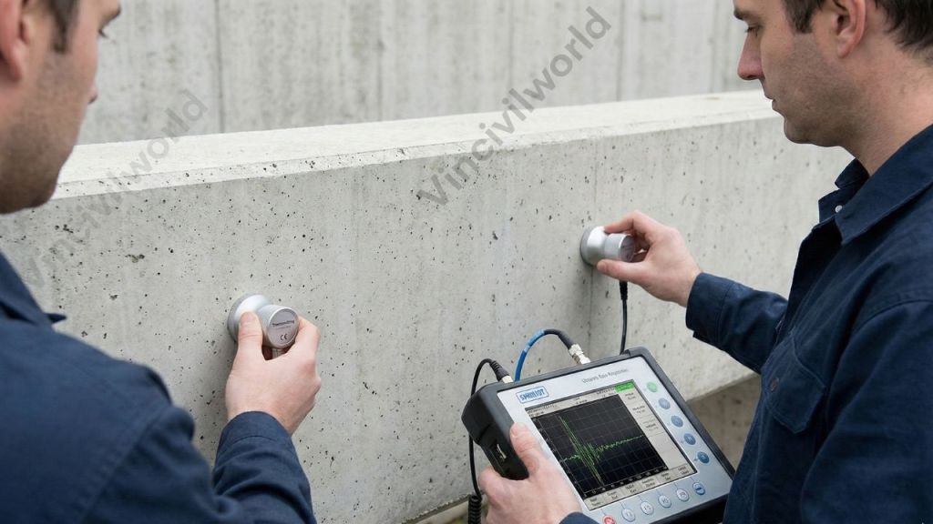 Two engineers conducting non-destructive testing on a concrete structure using specialized equipment.