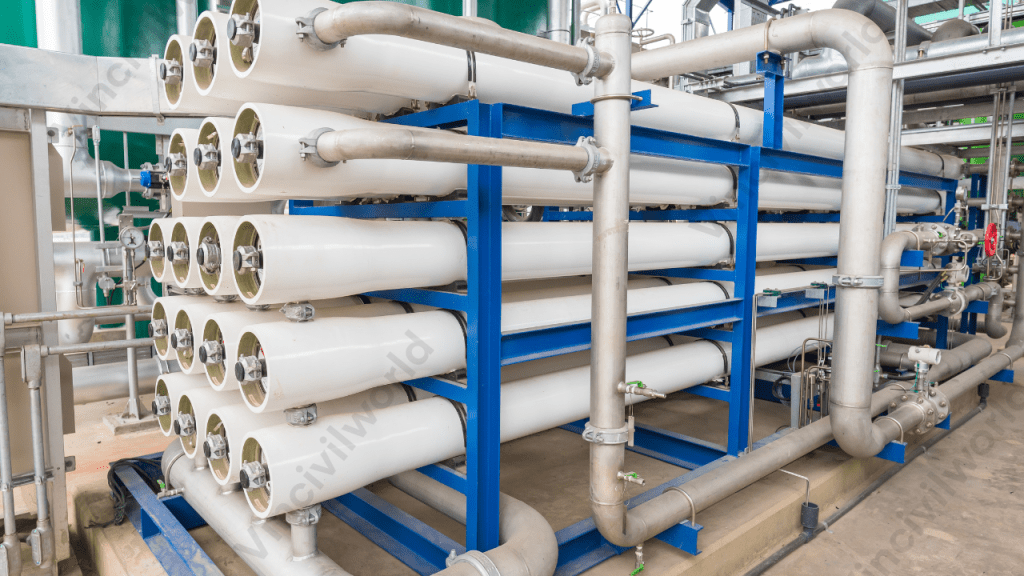 A close-up view of a reverse osmosis system used in tertiary wastewater treatment, featuring multiple membrane modules arranged in rows on a blue support structure, alongside various connecting pipes.