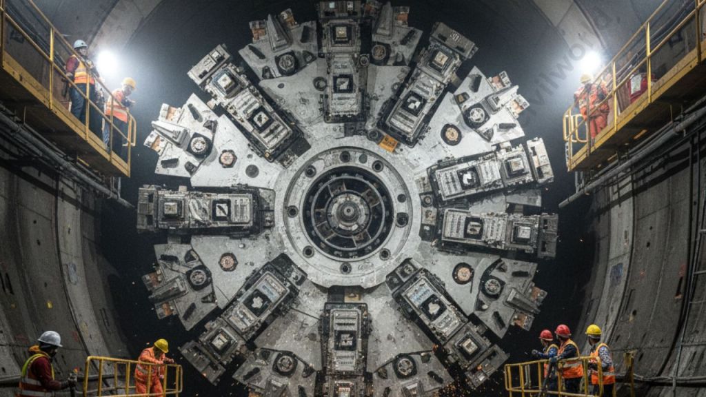 A tunnel boring machine operating in a large underground tunnel, with engineers overseeing the process from various platforms.