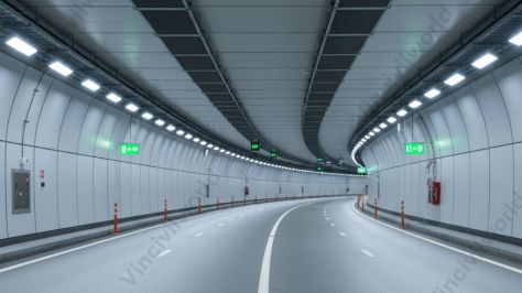 Interior view of a modern tunnel featuring curved walls, bright lighting, and a smooth asphalt road surface.