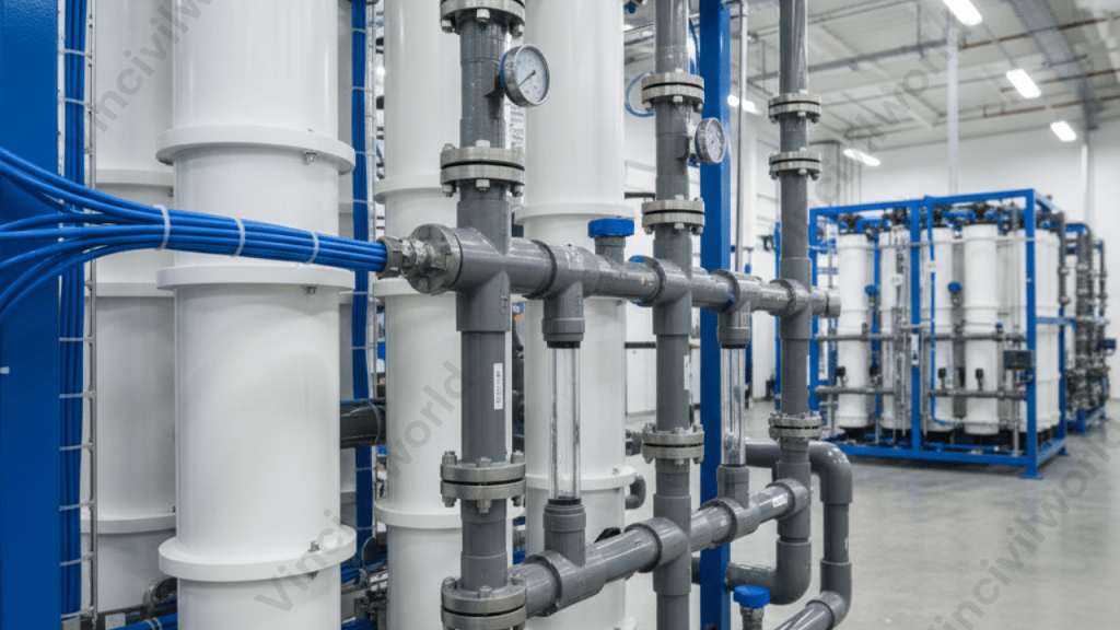 A close-up view of advanced wastewater treatment equipment featuring pipes and membranes, essential for processes like reverse osmosis and ultrafiltration.