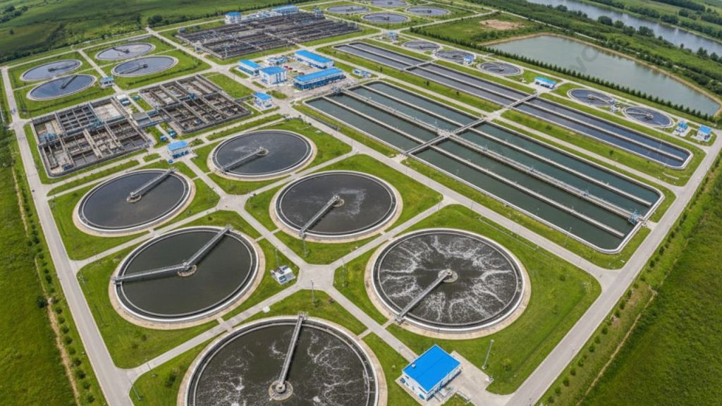 Aerial view of a large wastewater treatment facility featuring multiple circular and rectangular treatment tanks, surrounded by green fields and buildings.