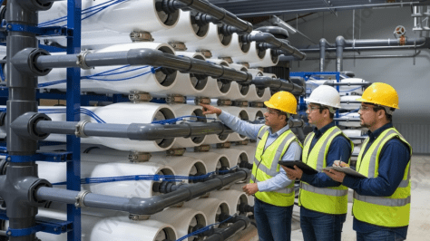 Three professionals inspecting a reverse osmosis system in a wastewater treatment facility.