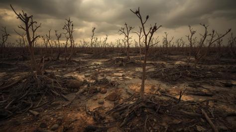 Desolate landscape showing dead trees and barren soil under a cloudy sky, illustrating the severe impacts of land pollution.