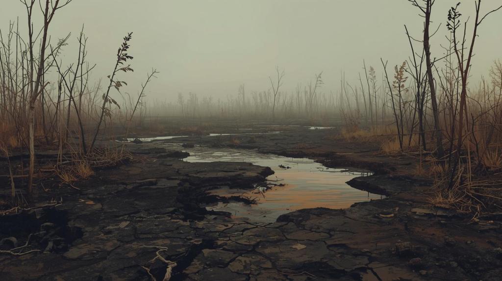 A desolate landscape showing barren ground with cracked earth and dead trees, shrouded in a misty atmosphere, indicating severe environmental degradation.