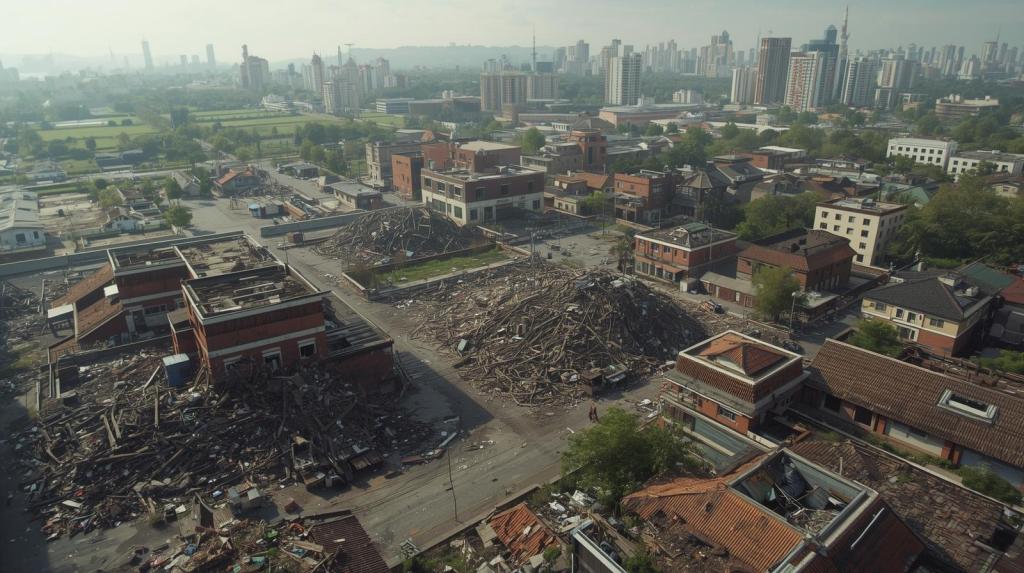 Aerial view of a devastated urban area with piles of debris and damaged buildings, surrounded by greenery and high-rise structures in the background.