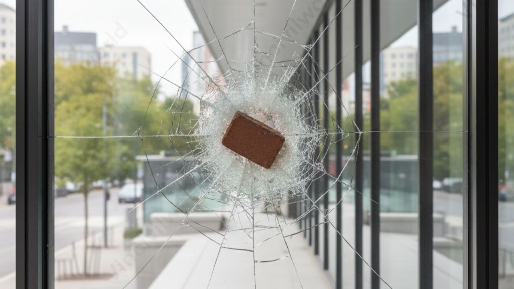 A close-up view of a large, cracked glass window with a brick embedded in the center, showcasing shattered glass with spiderweb-like cracks radiating outward.