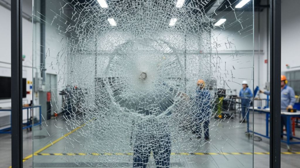 Close-up of a fractured glass panel with a spiderweb pattern of cracks, indicating high impact, in a modern industrial setting.