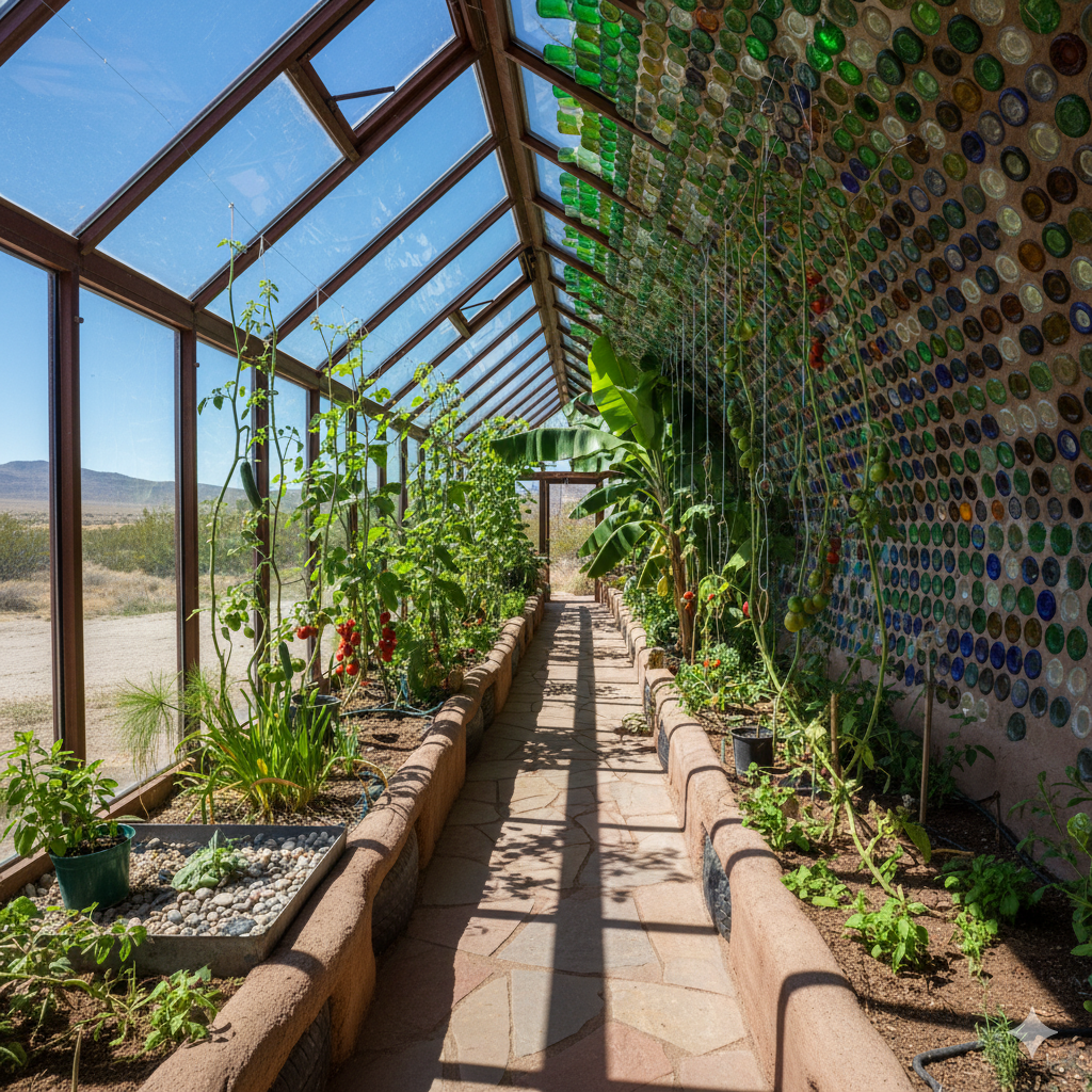 Interior view of a greenhouse corridor in an ecological house, featuring lush plants and a wall made of glass bottles.