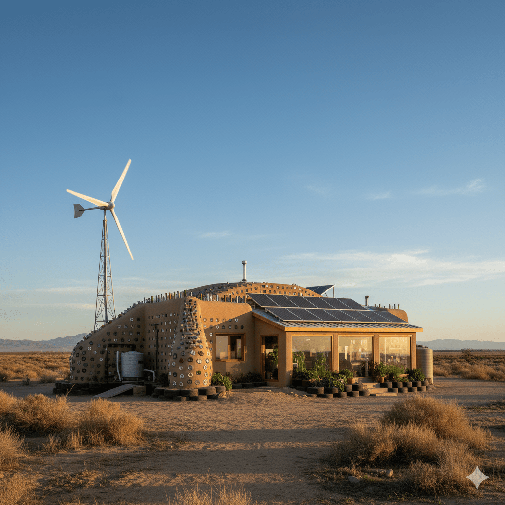 An Earthship ecological house featuring a unique design built with sustainable materials, solar panels on the roof, and a wind turbine in the background, set in a desert landscape.