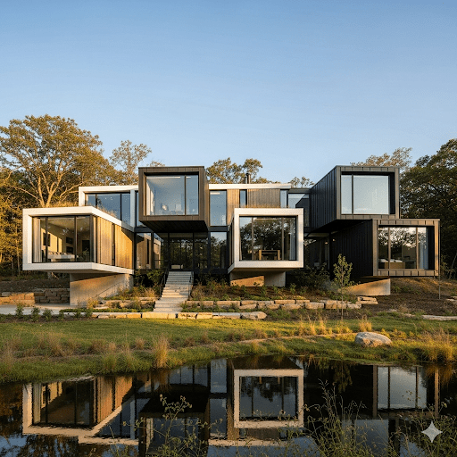 A modern progressive house featuring a unique architectural design with multiple box-like structures, large glass windows, and a surrounding landscape with a pond.