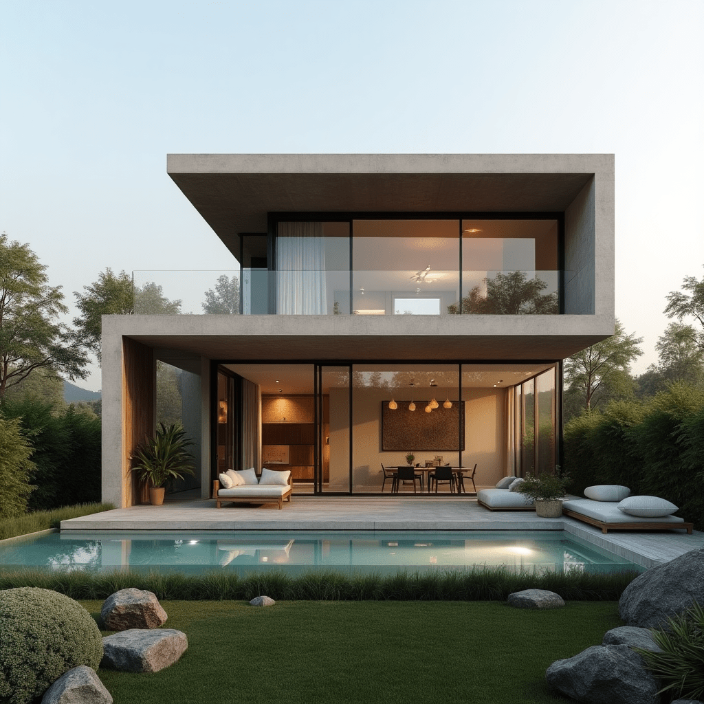 A modern progressive house design featuring a two-story structure with large glass windows, a spacious outdoor terrace, and a swimming pool surrounded by greenery.