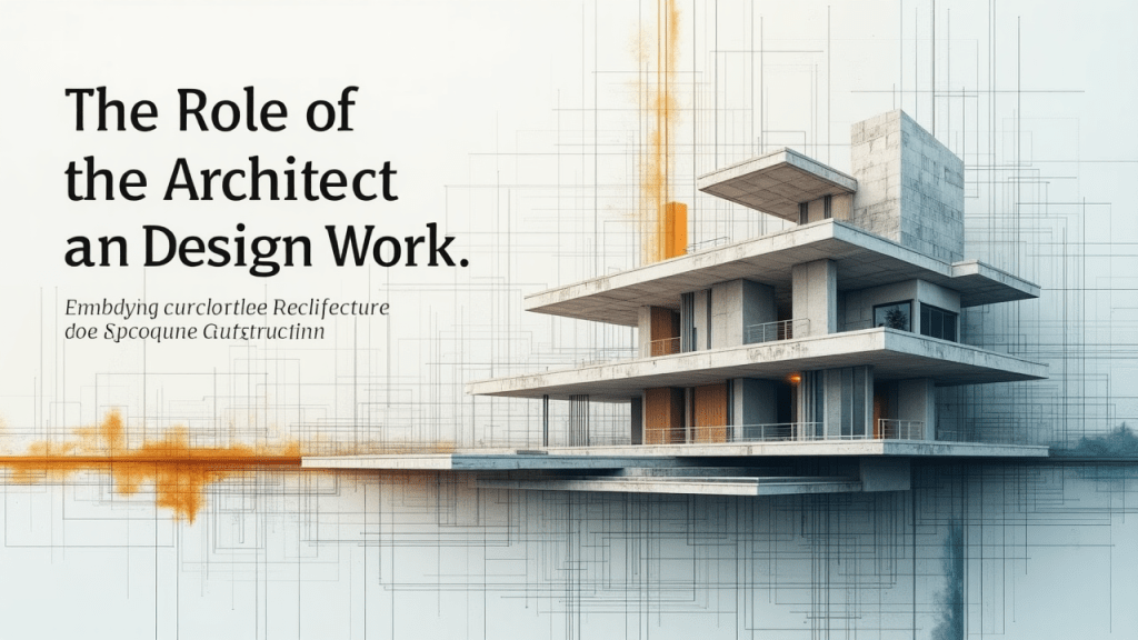 A modern architectural design showcasing a futuristic house concept, with distinct levels and materials, emphasizing adaptability and innovative design. The text overlay highlights 'The Role of the Architect and Design Work.'
