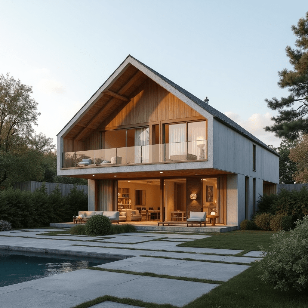 A modern progressive house with a sleek design, featuring large windows and a wooden facade, surrounded by a landscaped garden and a pool.