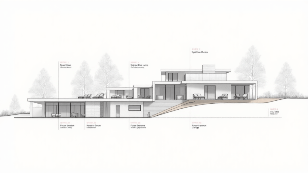 Architectural diagram of a progressive house design, showcasing various stages of construction and future expansion phases.