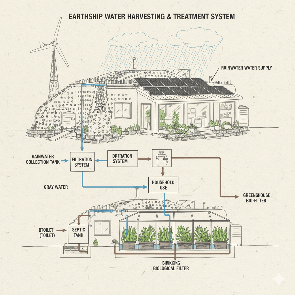 Illustration of an Earthship water harvesting and treatment system, showing components like rainwater collection tank, filtration system, gray water management, septic tank, and a greenhouse bio-filter for sustainable living.