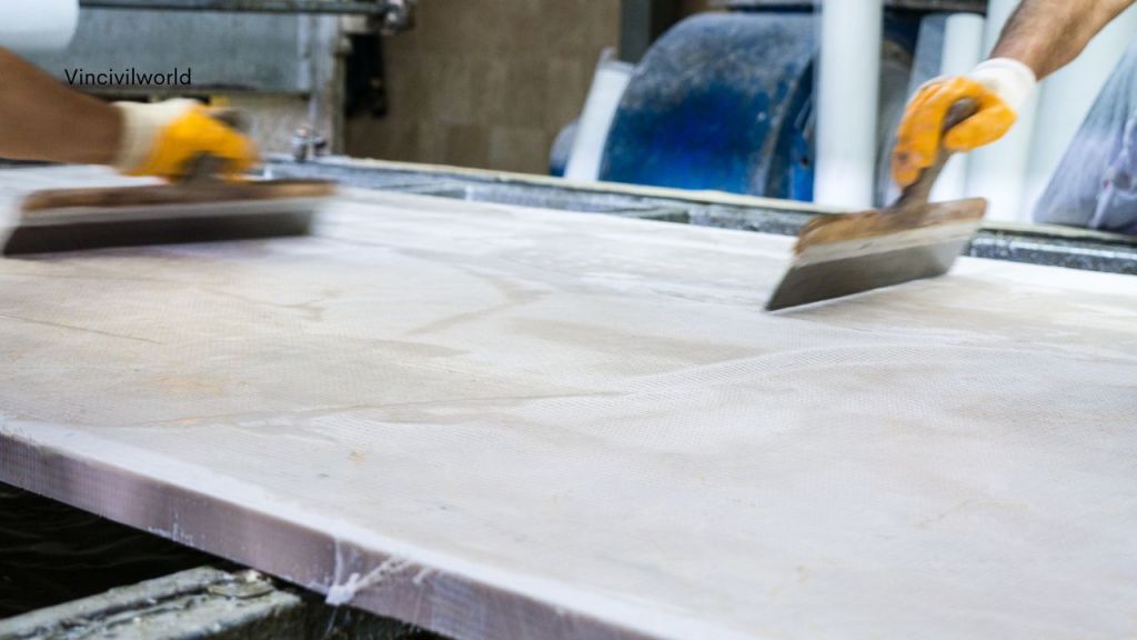 Workers applying a finishing layer to a marble slab in a stone processing facility.