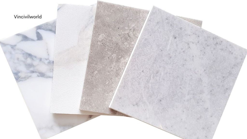 A selection of four different flooring samples, showcasing various styles and colors of marble and tiles.
