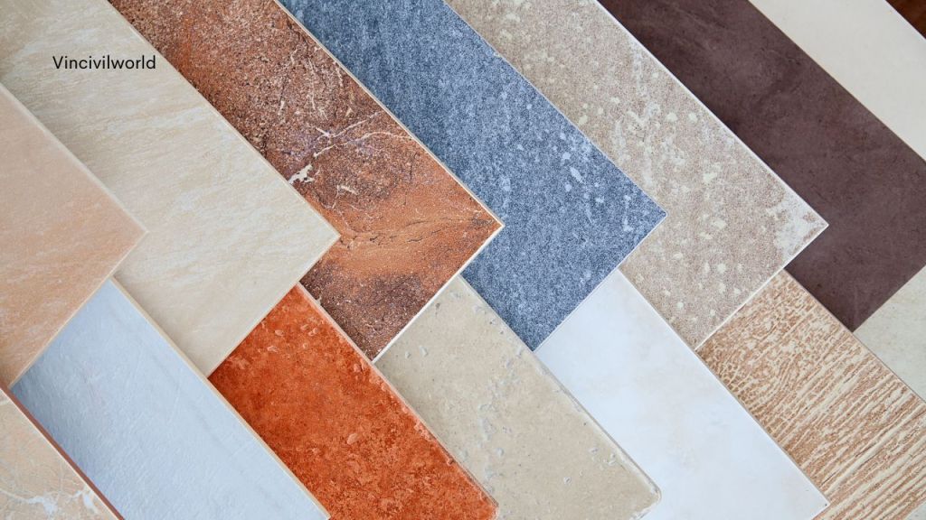 Various types of tiles showcasing a range of colors and textures, arranged in a diagonal pattern.