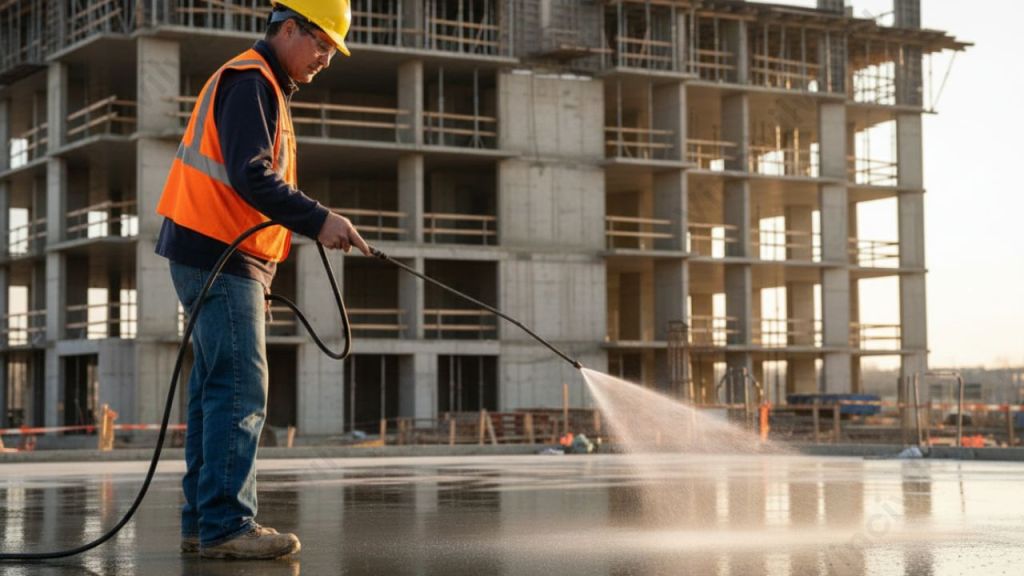 A construction worker using a spray nozzle to apply water onto freshly poured concrete at a construction site, with a building structure partially completed in the background.