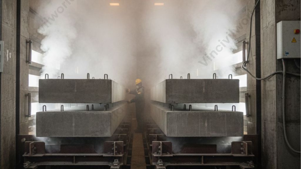 Concrete elements being cured with steam in a controlled environment, with visible steam rising around the concrete.
