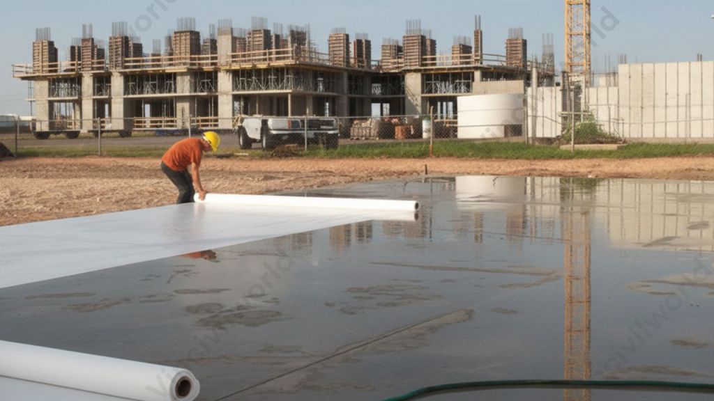 A construction worker unrolling a plastic sheet over a wet concrete surface to reduce evaporation, with a building under construction in the background.