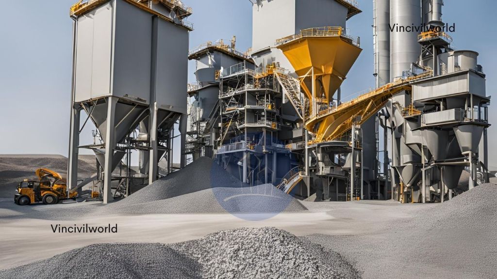 Construction site showing a concrete batching plant with aggregates piled on the ground.