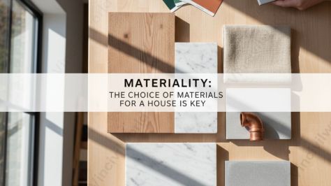 Flat lay of various material samples including wood, marble, fabric, and metal, with the text 'Materiality: The choice of materials for a house is key' overlaying the image.